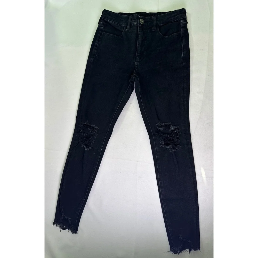 American Eagle The Dream Jean Black Distressed Super‎ Skinny High Rise Denim 6